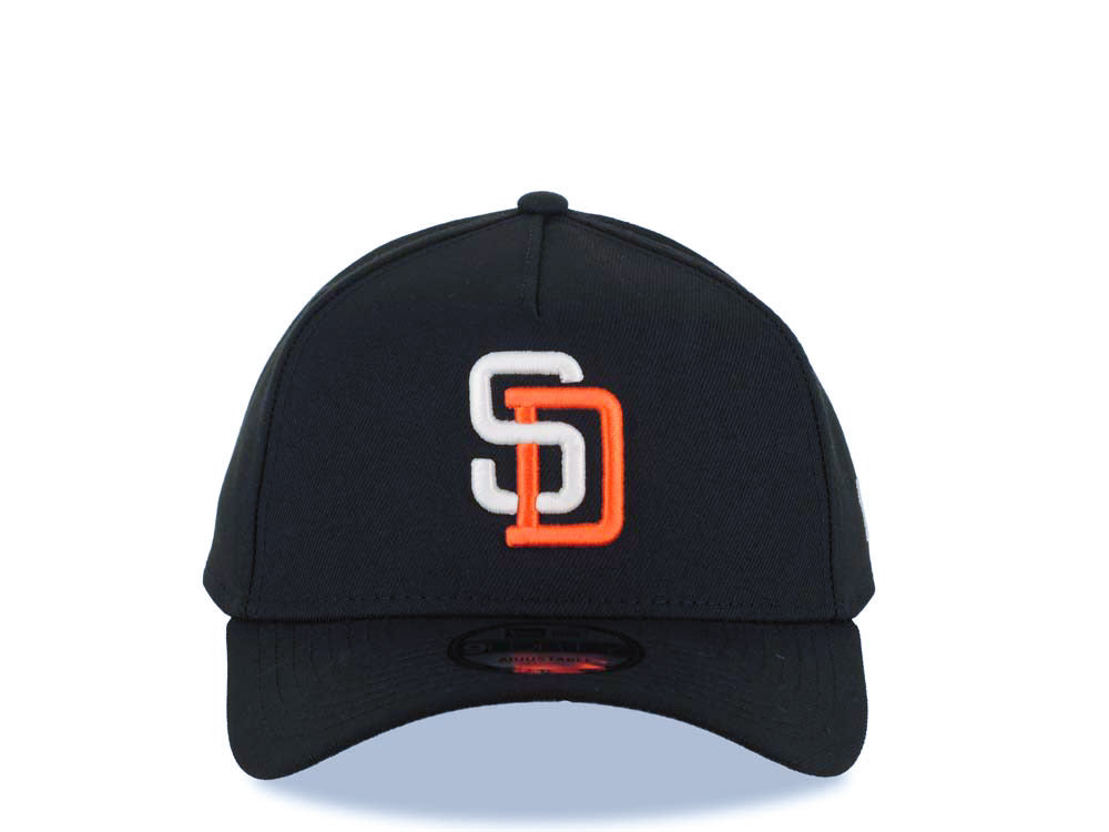 San Diego Padres New Era MLB 9FORTY 940 Adjustable A-Frame Cap Hat Black Crown/Visor Glow White/Orange Logo Gray UV