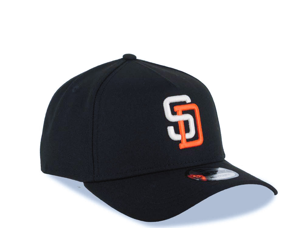 San Diego Padres New Era MLB 9FORTY 940 Adjustable A-Frame Cap Hat Black Crown/Visor Glow White/Orange Logo Gray UV