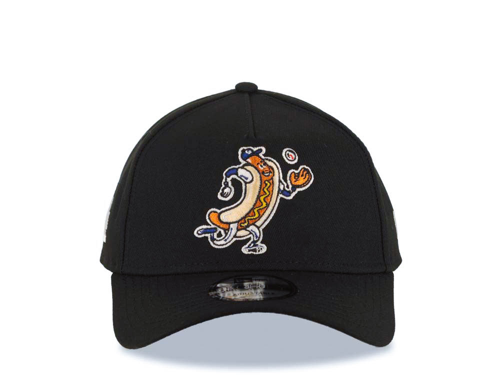 Los Angeles Dodgers New Era MLB 9FORTY 940 Adjustable A-Frame Cap Hat Black Crown/Visor Team Color Mascot Hot Dog Logo LA Side Patch Gray UV