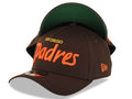 San Diego Padres New Era MLB 9FORTY 940 Adjustable A-Frame Cap Hat Brown Crown/Visor Orange/Yellow Text/Script Logo Green UV