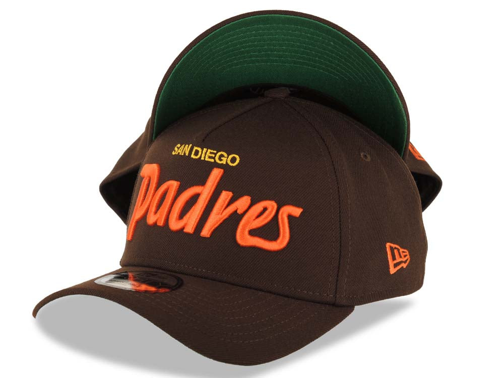 San Diego Padres New Era MLB 9FORTY 940 Adjustable A-Frame Cap Hat Brown Crown/Visor Orange/Yellow Text/Script Logo Green UV