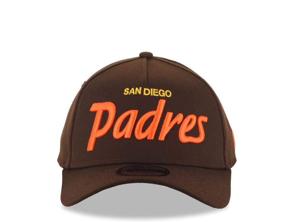 San Diego Padres New Era MLB 9FORTY 940 Adjustable A-Frame Cap Hat Brown Crown/Visor Orange/Yellow Text/Script Logo Green UV