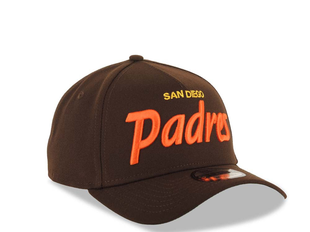 San Diego Padres New Era MLB 9FORTY 940 Adjustable A-Frame Cap Hat Brown Crown/Visor Orange/Yellow Text/Script Logo Green UV