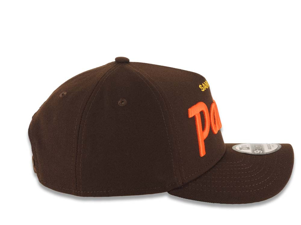 San Diego Padres New Era MLB 9FORTY 940 Adjustable A-Frame Cap Hat Brown Crown/Visor Orange/Yellow Text/Script Logo Green UV
