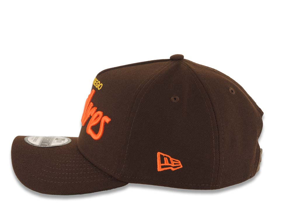 San Diego Padres New Era MLB 9FORTY 940 Adjustable A-Frame Cap Hat Brown Crown/Visor Orange/Yellow Text/Script Logo Green UV