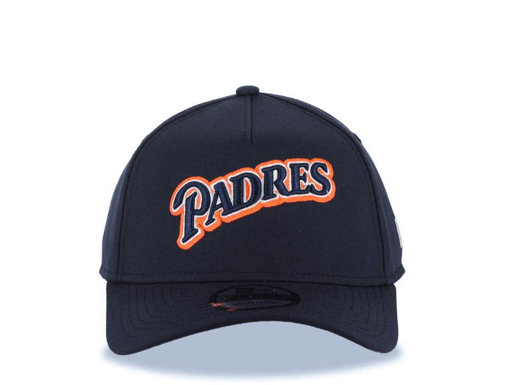 San Diego Padres New Era MLB 9FORTY 940 Adjustable A-Frame Cap Hat Navy Blue Crown/Visor Navy Blue/Orange/White Script Logo
