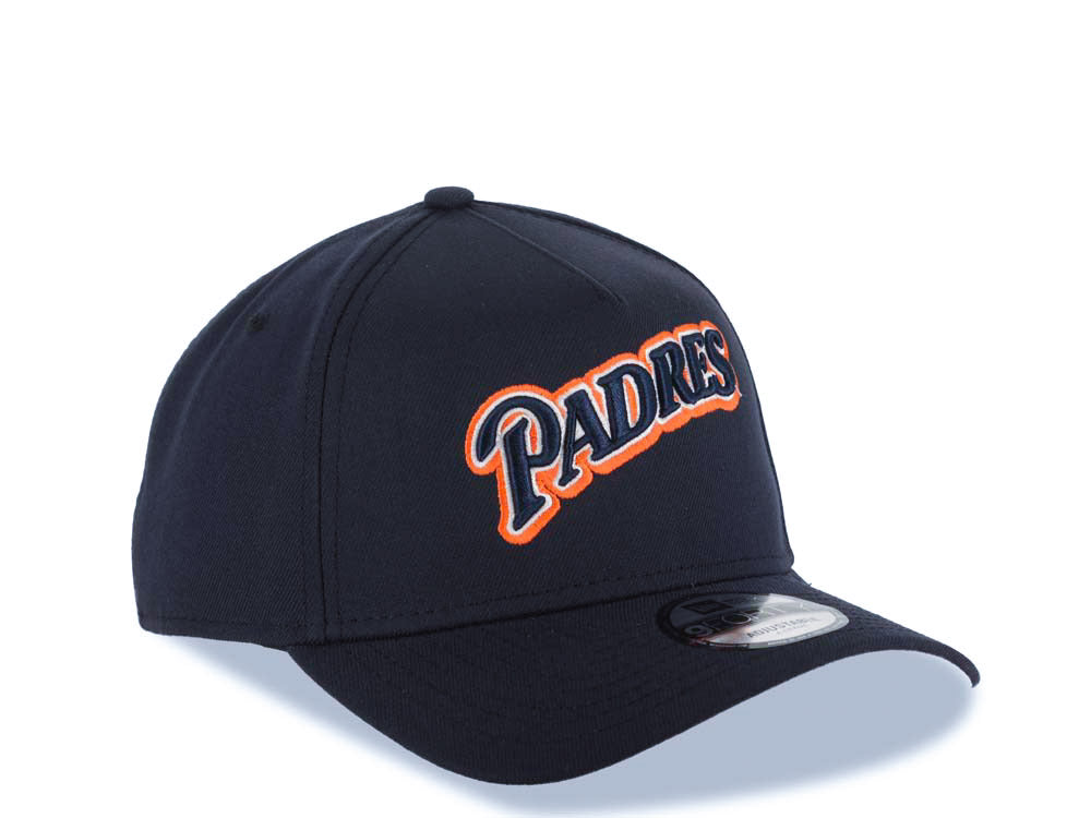 San Diego Padres New Era MLB 9FORTY 940 Adjustable A-Frame Cap Hat Navy Blue Crown/Visor Navy Blue/Orange/White Script Logo