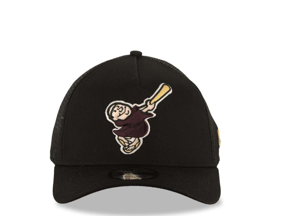 San Diego Padres New Era MLB 9FORTY 940 Adjustable A-Frame Trucker Mesh Cap Hat Black Crown/Visor Brown/Yellow Brown/Yellow Swinging Friar Logo