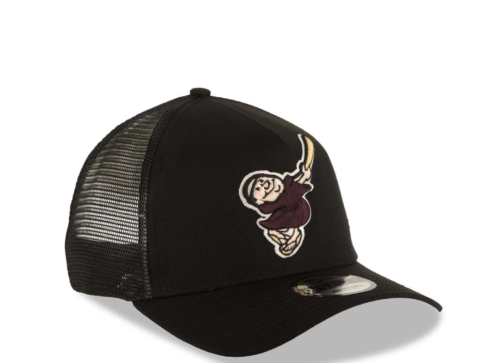 San Diego Padres New Era MLB 9FORTY 940 Adjustable A-Frame Trucker Mesh Cap Hat Black Crown/Visor Brown/Yellow Brown/Yellow Swinging Friar Logo