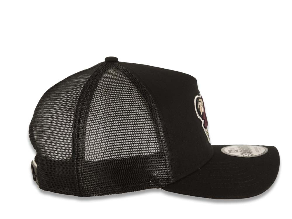 San Diego Padres New Era MLB 9FORTY 940 Adjustable A-Frame Trucker Mesh Cap Hat Black Crown/Visor Brown/Yellow Brown/Yellow Swinging Friar Logo