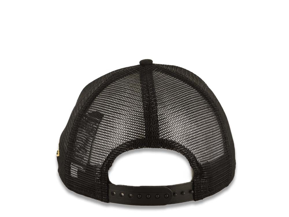San Diego Padres New Era MLB 9FORTY 940 Adjustable A-Frame Trucker Mesh Cap Hat Black Crown/Visor Brown/Yellow Brown/Yellow Swinging Friar Logo