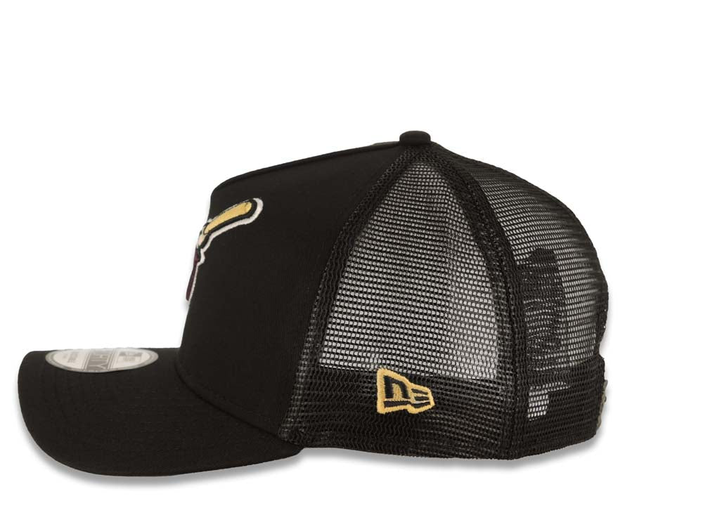 San Diego Padres New Era MLB 9FORTY 940 Adjustable A-Frame Trucker Mesh Cap Hat Black Crown/Visor Brown/Yellow Brown/Yellow Swinging Friar Logo