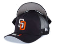 San Diego Padres New Era MLB 9FORTY 940 Adjustable A-Frame Trucker Mesh Cap Hat Black Crown/Visor White/Orange Logo Gray UV