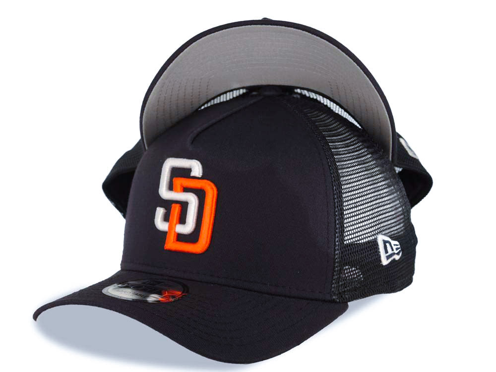 San Diego Padres New Era MLB 9FORTY 940 Adjustable A-Frame Trucker Mesh Cap Hat Black Crown/Visor White/Orange Logo Gray UV