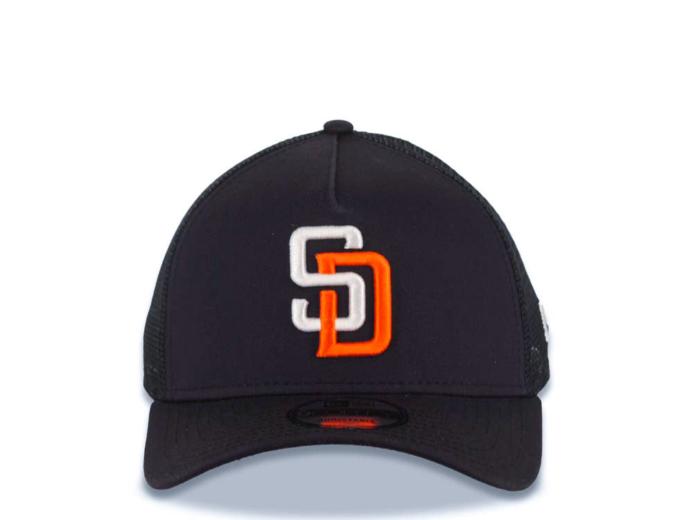 San Diego Padres New Era MLB 9FORTY 940 Adjustable A-Frame Trucker Mesh Cap Hat Black Crown/Visor White/Orange Logo Gray UV