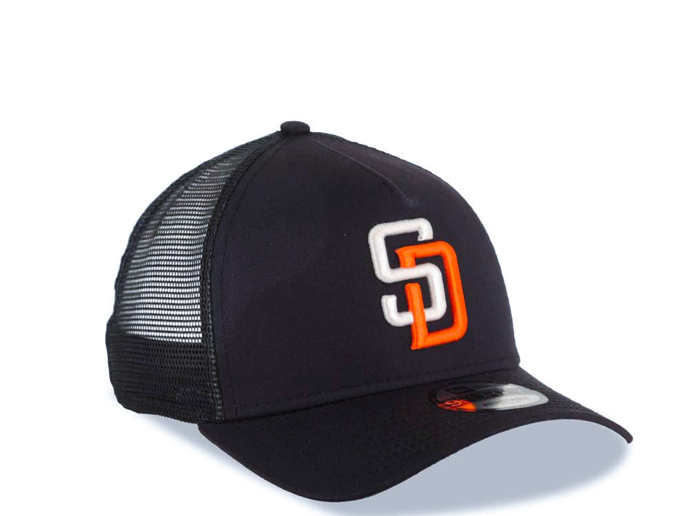 San Diego Padres New Era MLB 9FORTY 940 Adjustable A-Frame Trucker Mesh Cap Hat Black Crown/Visor White/Orange Logo Gray UV