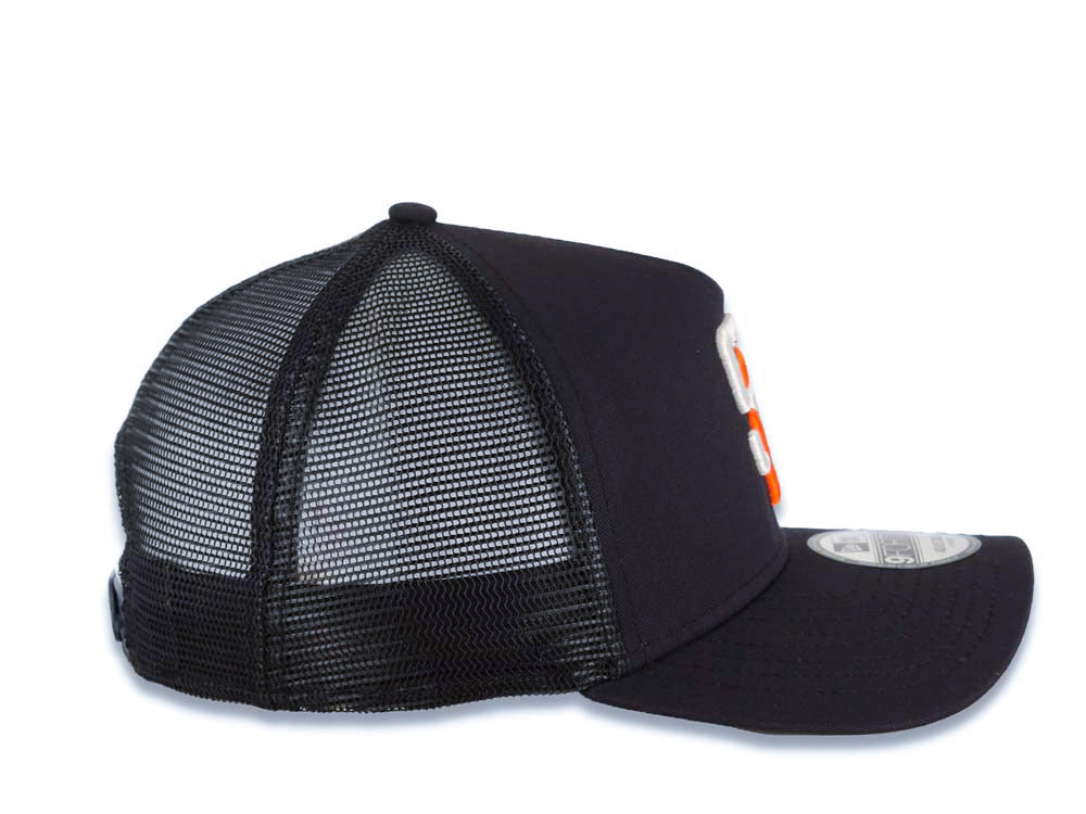 San Diego Padres New Era MLB 9FORTY 940 Adjustable A-Frame Trucker Mesh Cap Hat Black Crown/Visor White/Orange Logo Gray UV