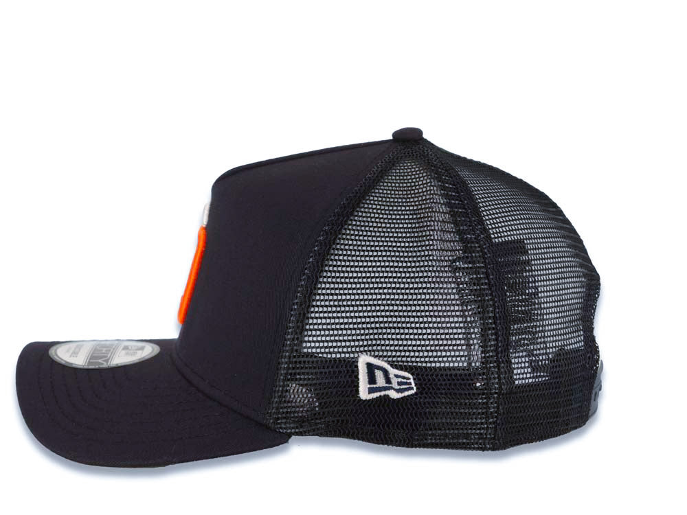 San Diego Padres New Era MLB 9FORTY 940 Adjustable A-Frame Trucker Mesh Cap Hat Black Crown/Visor White/Orange Logo Gray UV