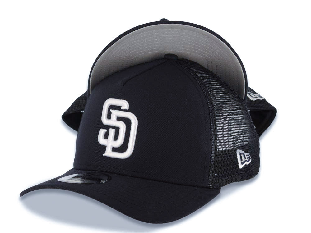 San Diego Padres New Era MLB 9FORTY 940 Adjustable A-Frame Mesh Trucker Cap Hat Navy Blue Crown/Visor White Logo