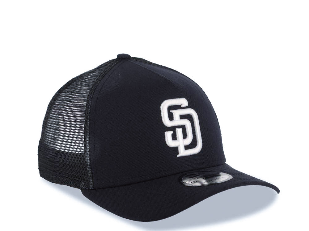 San Diego Padres New Era MLB 9FORTY 940 Adjustable A-Frame Mesh Trucker Cap Hat Navy Blue Crown/Visor White Logo