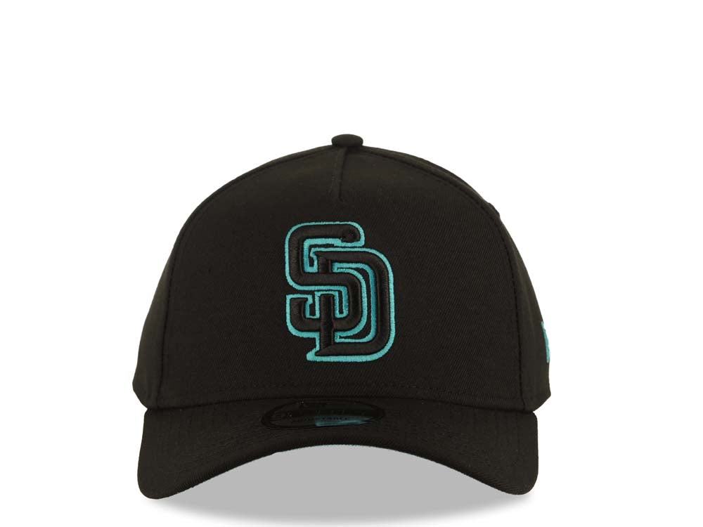 San Diego Padres New Era 9FORTY 940 Adjustable A-Frame Cap Hat Black Crown/Visor Black/Teal Logo