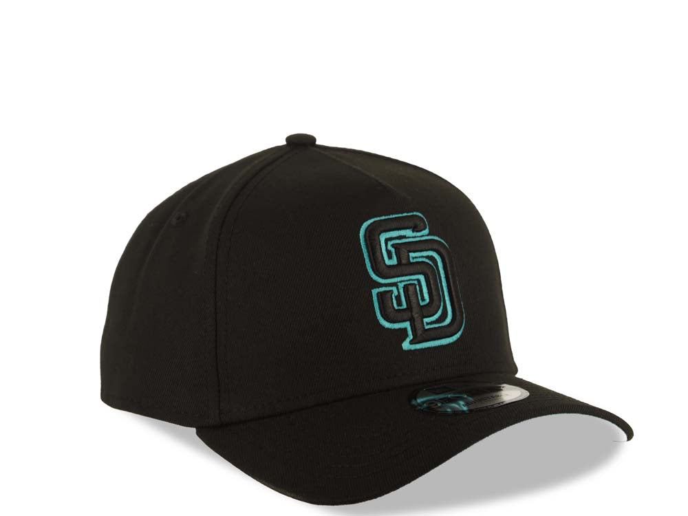 San Diego Padres New Era 9FORTY 940 Adjustable A-Frame Cap Hat Black Crown/Visor Black/Teal Logo