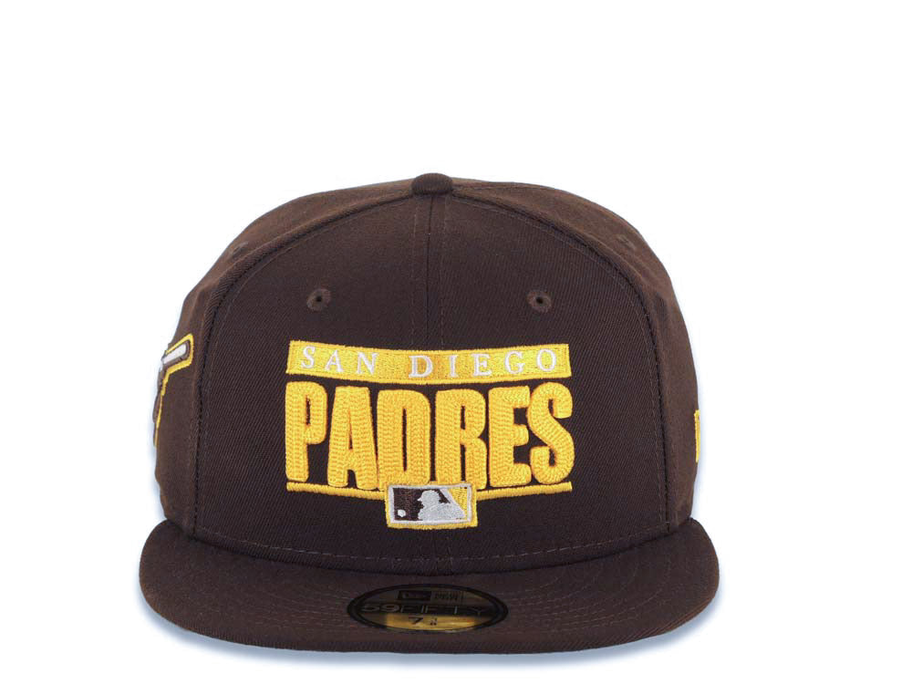 San Diego Padres New Era MLB 59FIFTY 5950 Fitted Cap Hat Brown Crown/Visor Yellow/White Text Logo Swinging Friar Side Patch Green UV
