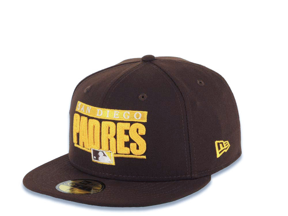 San Diego Padres New Era MLB 59FIFTY 5950 Fitted Cap Hat Brown Crown/Visor Yellow/White Text Logo Swinging Friar Side Patch Green UV