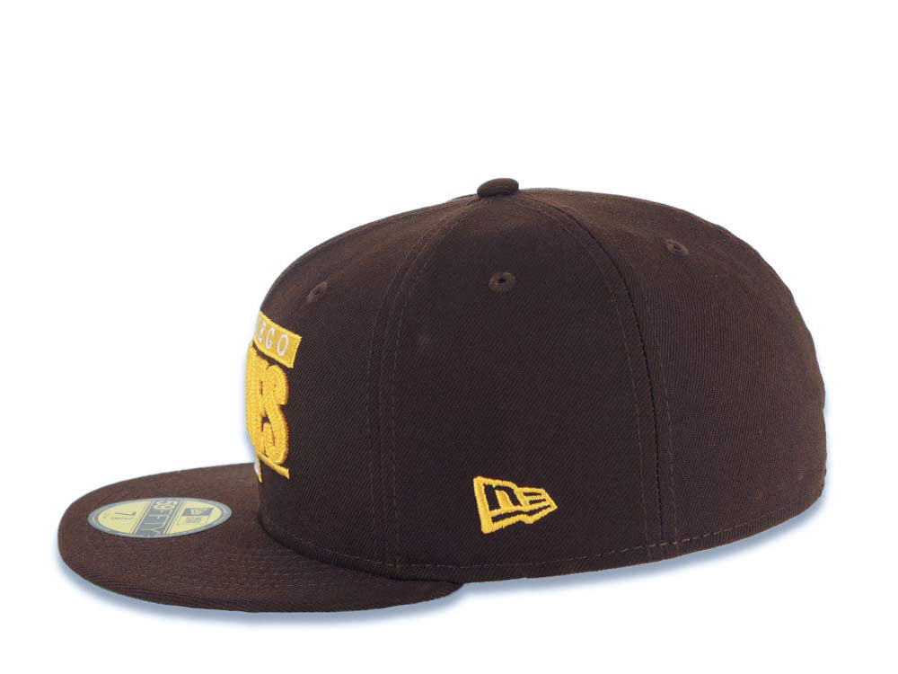 San Diego Padres New Era MLB 59FIFTY 5950 Fitted Cap Hat Brown Crown/Visor Yellow/White Text Logo Swinging Friar Side Patch Green UV