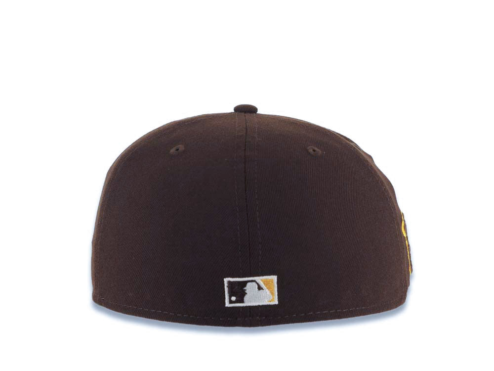 San Diego Padres New Era MLB 59FIFTY 5950 Fitted Cap Hat Brown Crown/Visor Yellow/White Text Logo Swinging Friar Side Patch Green UV