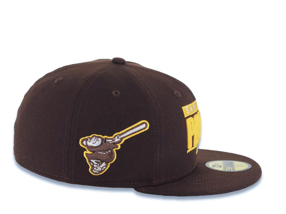 San Diego Padres New Era MLB 59FIFTY 5950 Fitted Cap Hat Brown Crown/Visor Yellow/White Text Logo Swinging Friar Side Patch Green UV