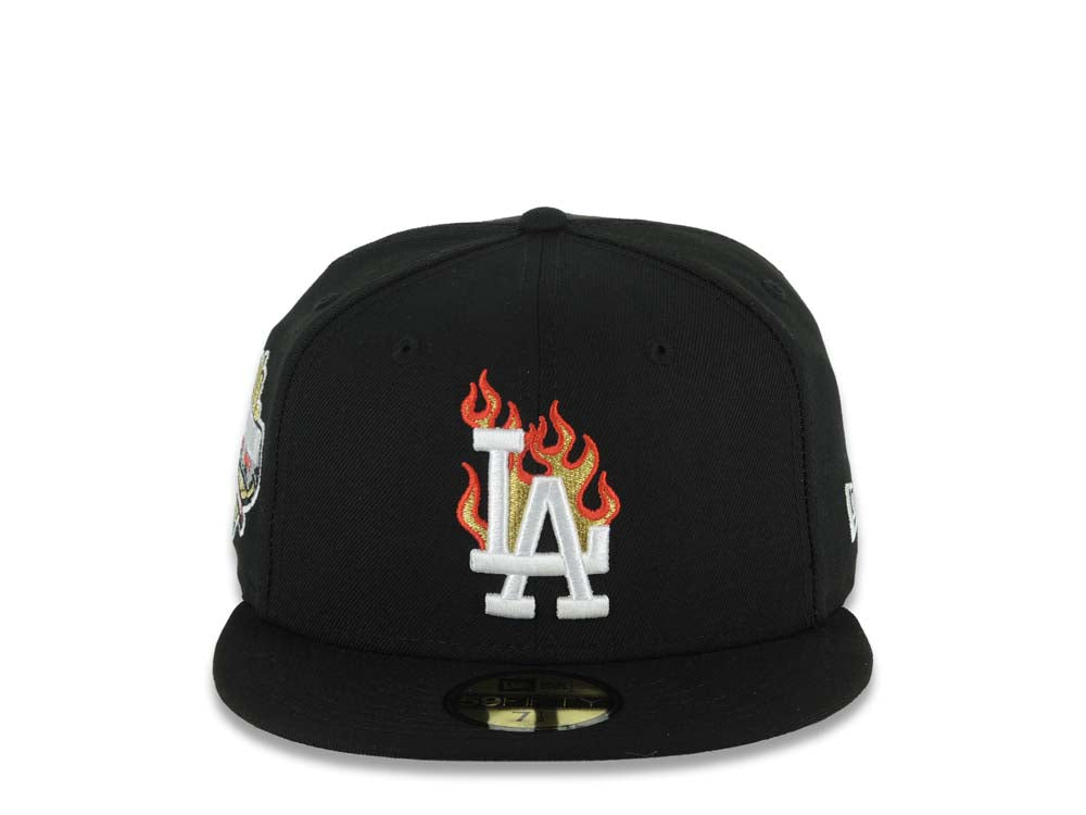 Los Angeles Dodgers New Era MLB 59FIFTY 5950 Fitted Cap Hat Black Crown/Visor White With Flame Logo 40th Anniversary Side Patch