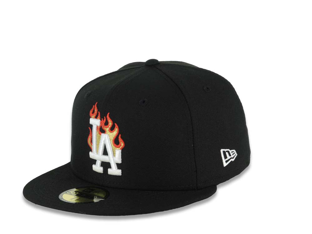 Los Angeles Dodgers New Era MLB 59FIFTY 5950 Fitted Cap Hat Black Crown/Visor White With Flame Logo 40th Anniversary Side Patch
