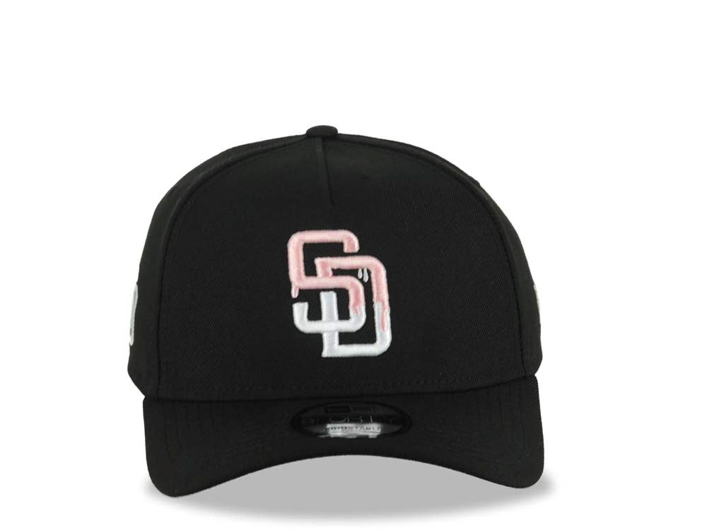 San Diego Padres New Era MLB 9FORTY 940 Adjustable A-Frame Cap Hat Black Crown/Visor Pink Drip With White Logo Gray UV
