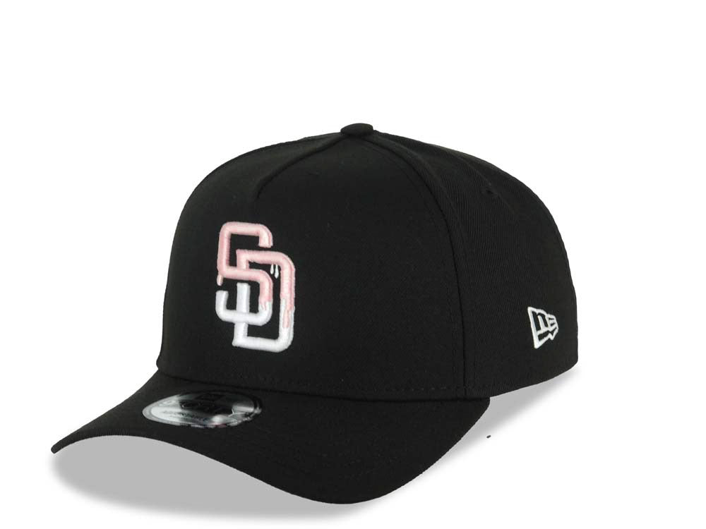 San Diego Padres New Era MLB 9FORTY 940 Adjustable A-Frame Cap Hat Black Crown/Visor Pink Drip With White Logo Gray UV