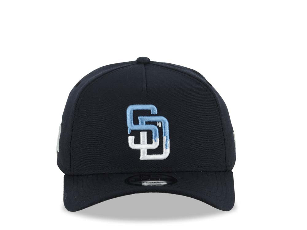 San Diego Padres New Era MLB 9FORTY 940 Adjustable A-Frame Cap Hat Navy Blue Crown/Visor White/Sky Blue Drip Logo Gray UV