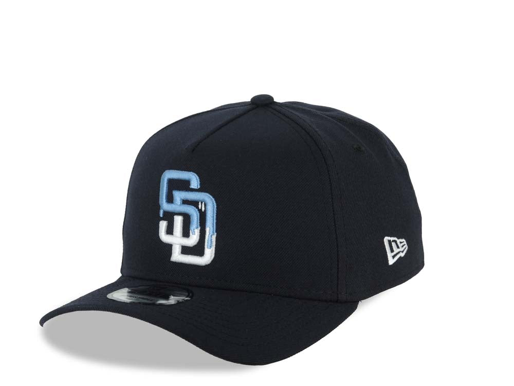 San Diego Padres New Era MLB 9FORTY 940 Adjustable A-Frame Cap Hat Navy Blue Crown/Visor White/Sky Blue Drip Logo Gray UV