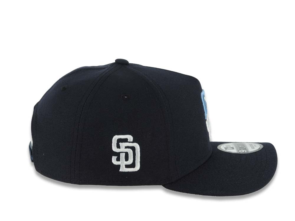 San Diego Padres New Era MLB 9FORTY 940 Adjustable A-Frame Cap Hat Navy Blue Crown/Visor White/Sky Blue Drip Logo Gray UV