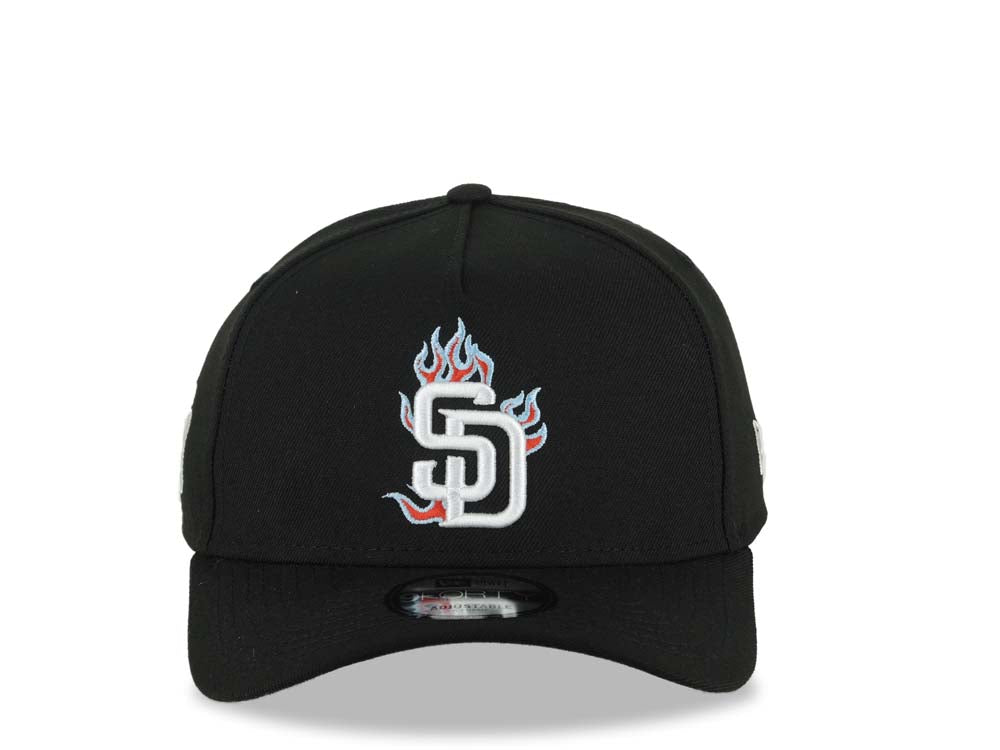 San Diego Padres New Era MLB 9FORTY 940 Adjustable A-Frame Cap Hat Black Crown/Visor White With Red Fire Flame Logo Gray UV