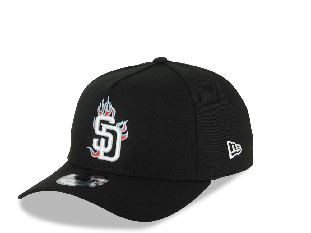 San Diego Padres New Era MLB 9FORTY 940 Adjustable A-Frame Cap Hat Black Crown/Visor White With Red Fire Flame Logo Gray UV