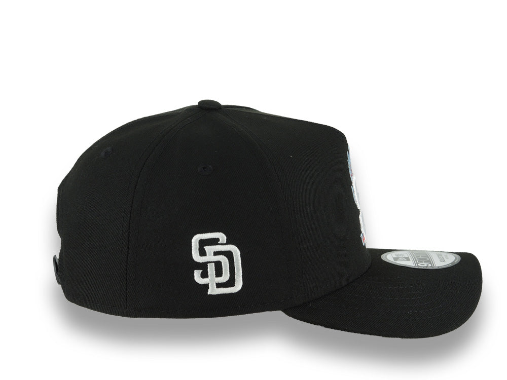 San Diego Padres New Era MLB 9FORTY 940 Adjustable A-Frame Cap Hat Black Crown/Visor White With Red Fire Flame Logo Gray UV