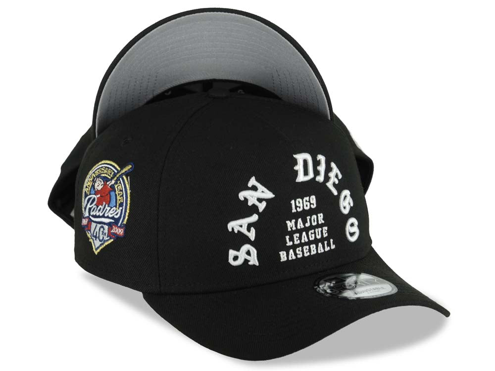 San Diego Padres New Era MLB 9FORTY 940 Adjustable A-Frame Cap Hat Black Crown/Visor White 1969 Major League Baseball Logo 40th Anniversary Side Patch