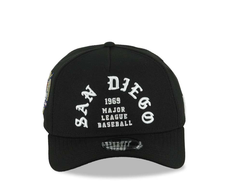 San Diego Padres New Era MLB 9FORTY 940 Adjustable A-Frame Cap Hat Black Crown/Visor White 1969 Major League Baseball Logo 40th Anniversary Side Patch