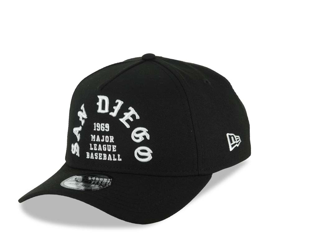San Diego Padres New Era MLB 9FORTY 940 Adjustable A-Frame Cap Hat Black Crown/Visor White 1969 Major League Baseball Logo 40th Anniversary Side Patch