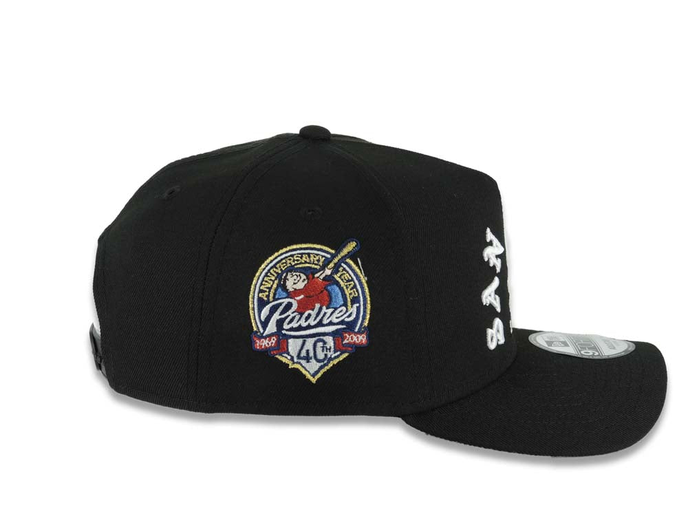 San Diego Padres New Era MLB 9FORTY 940 Adjustable A-Frame Cap Hat Black Crown/Visor White 1969 Major League Baseball Logo 40th Anniversary Side Patch
