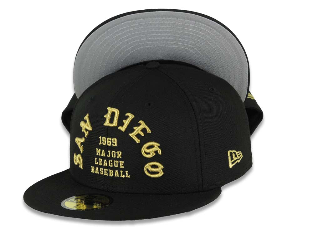 San Diego Padres New Era MLB 59FIFTY 5950 Fitted Cap Hat Black Crown/Visor Metallic Gold 1969 Major League Baseball Logo Gray UV