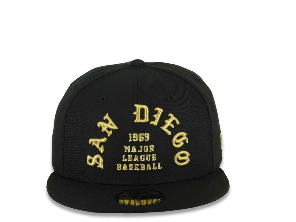 San Diego Padres New Era MLB 59FIFTY 5950 Fitted Cap Hat Black Crown/Visor Metallic Gold 1969 Major League Baseball Logo Gray UV