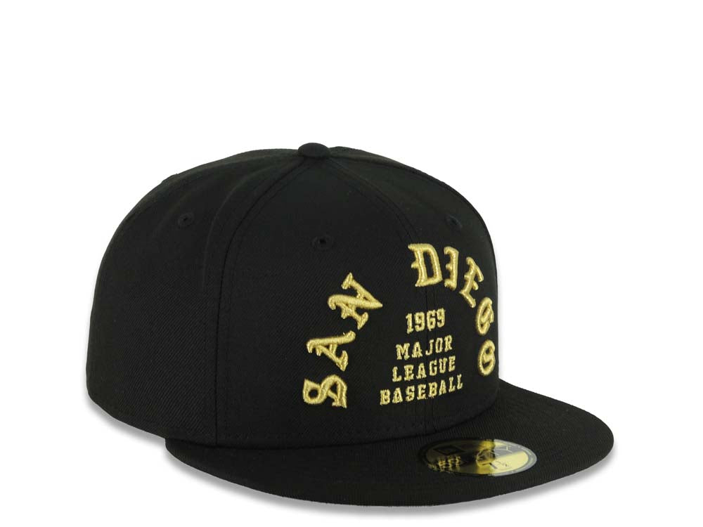 San Diego Padres New Era MLB 59FIFTY 5950 Fitted Cap Hat Black Crown/Visor Metallic Gold 1969 Major League Baseball Logo Gray UV