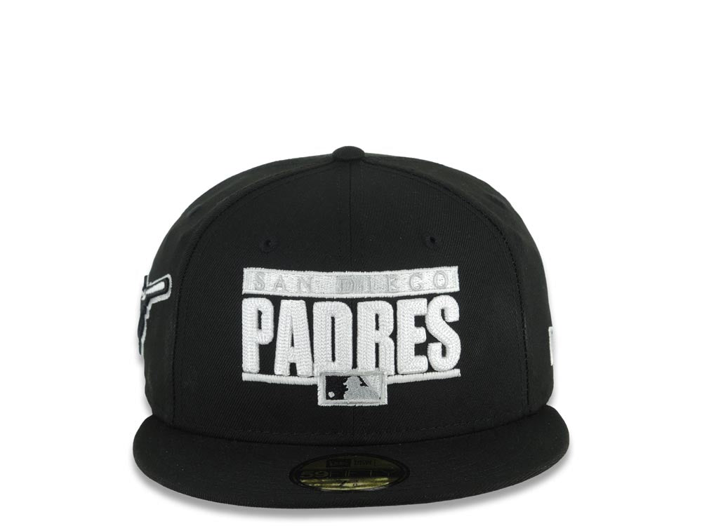 San Diego Padres New Era MLB 59FIFTY 5950 Fitted Cap Hat Black Crown/Visor White Text Logo Swinging Friar Side Patch Gray UV