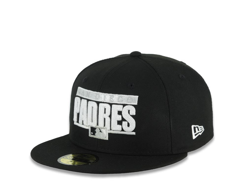 San Diego Padres New Era MLB 59FIFTY 5950 Fitted Cap Hat Black Crown/Visor White Text Logo Swinging Friar Side Patch Gray UV